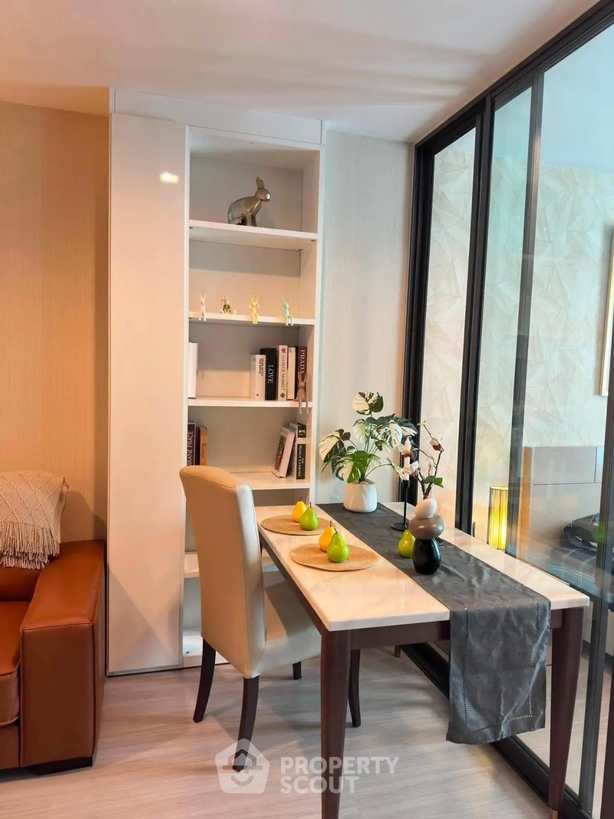 Modern living room with elegant dining area and stylish decor