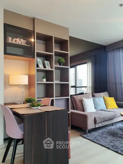 Modern living room with cozy sofa and stylish shelving unit in urban apartment