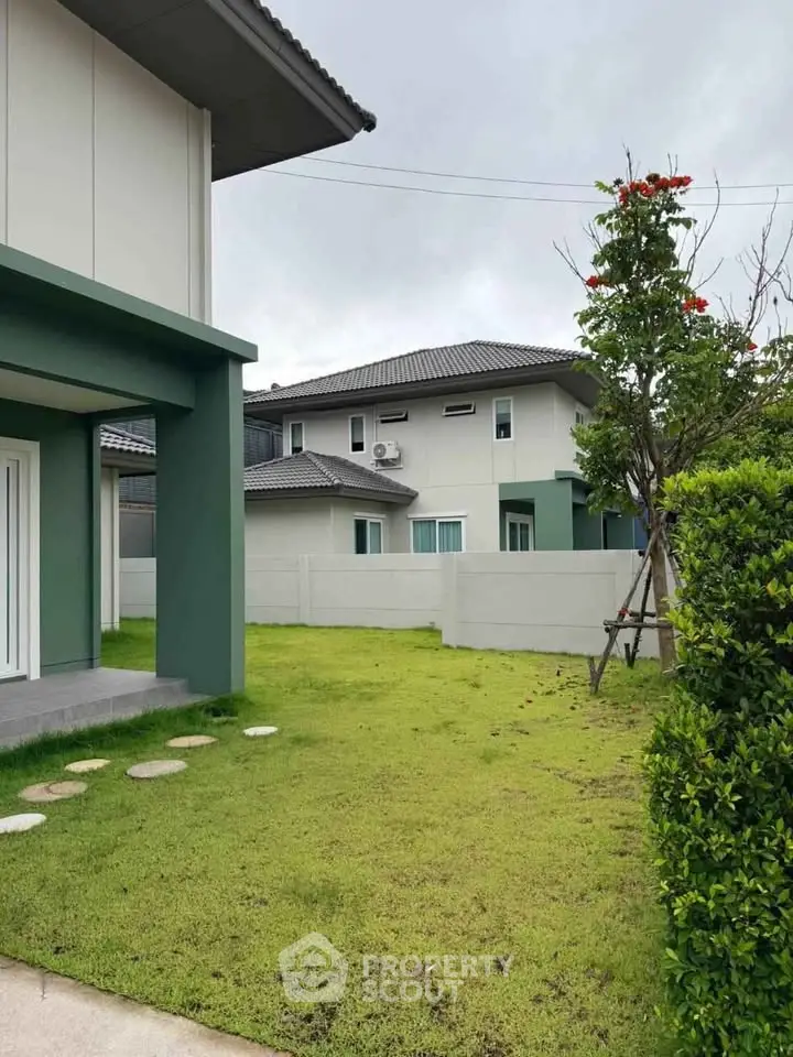Modern two-story house with green lawn and contemporary design