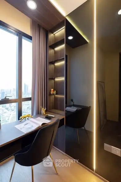 Modern study room with city view, sleek desk, and elegant shelving in a high-rise apartment.