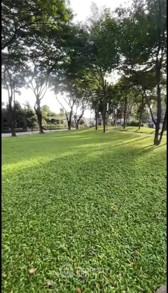 Lush green garden with mature trees in serene residential area