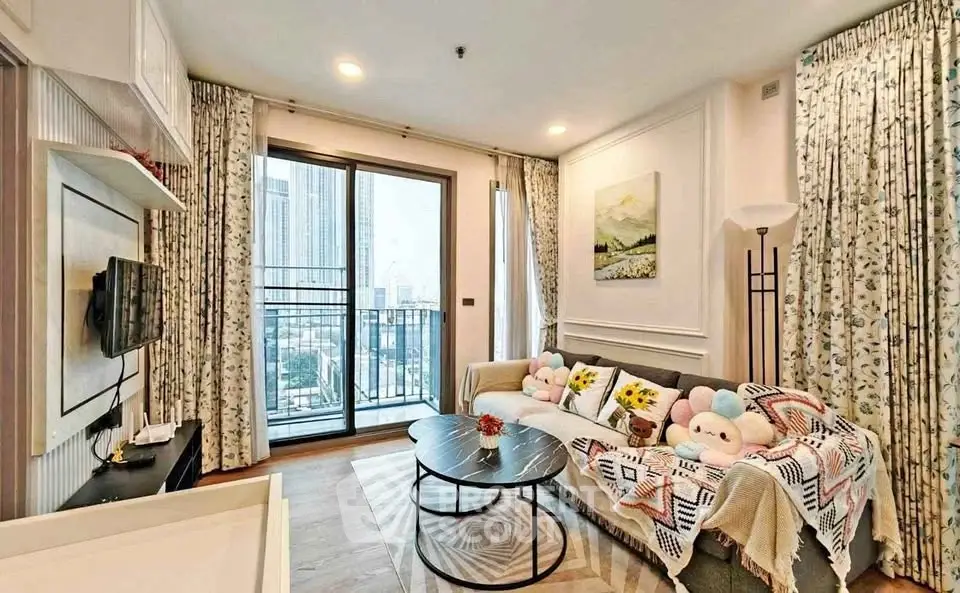 Charming living room with cozy decor and city view balcony in modern apartment.