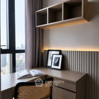 Modern study room with city view, featuring sleek desk and stylish shelving.