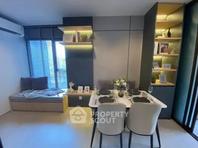 Modern living room with elegant dining area and stylish decor