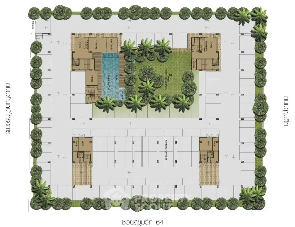Architectural site plan with parking, greenery, and building layout.