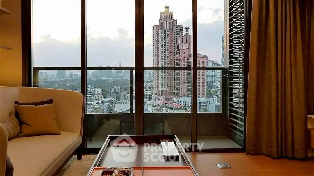 Luxurious living room with stunning city view from floor-to-ceiling windows.
