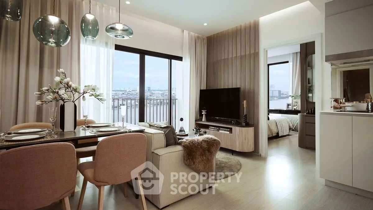 Luxurious open-plan living room with dining area and city view balcony.