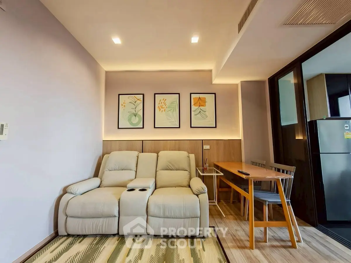 Modern living room with cozy sofa and stylish decor