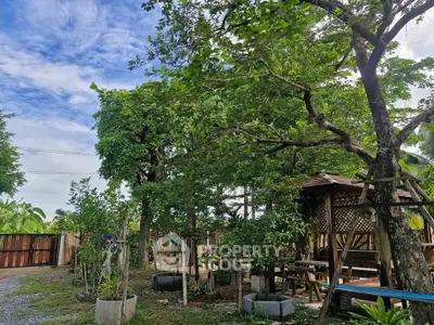 Charming garden with lush trees and rustic wooden seating area, perfect for outdoor relaxation.