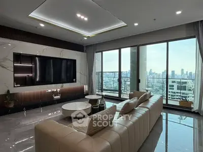 Luxurious living room with panoramic city view and modern decor