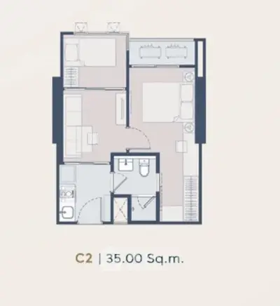 Modern 35 sqm apartment floor plan with efficient layout and stylish design.
