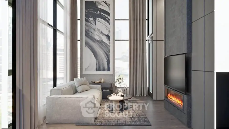 Luxurious modern living room with high ceilings, large windows, and a stylish fireplace.