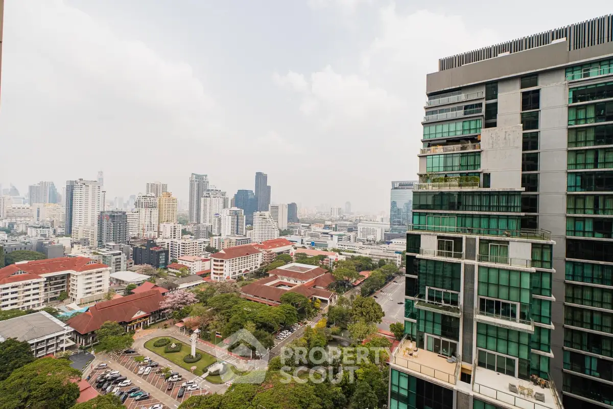 Stunning cityscape view from high-rise building balcony in urban area