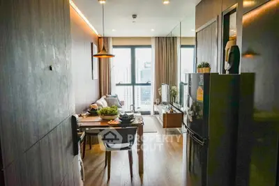 Modern apartment interior with cozy living room and dining area, featuring large windows and stylish decor.