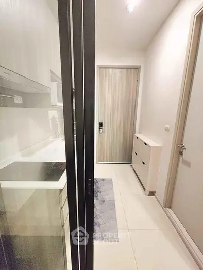 Modern apartment entrance with sleek kitchen and stylish decor
