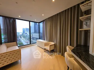 Modern living room with panoramic city view and elegant furniture