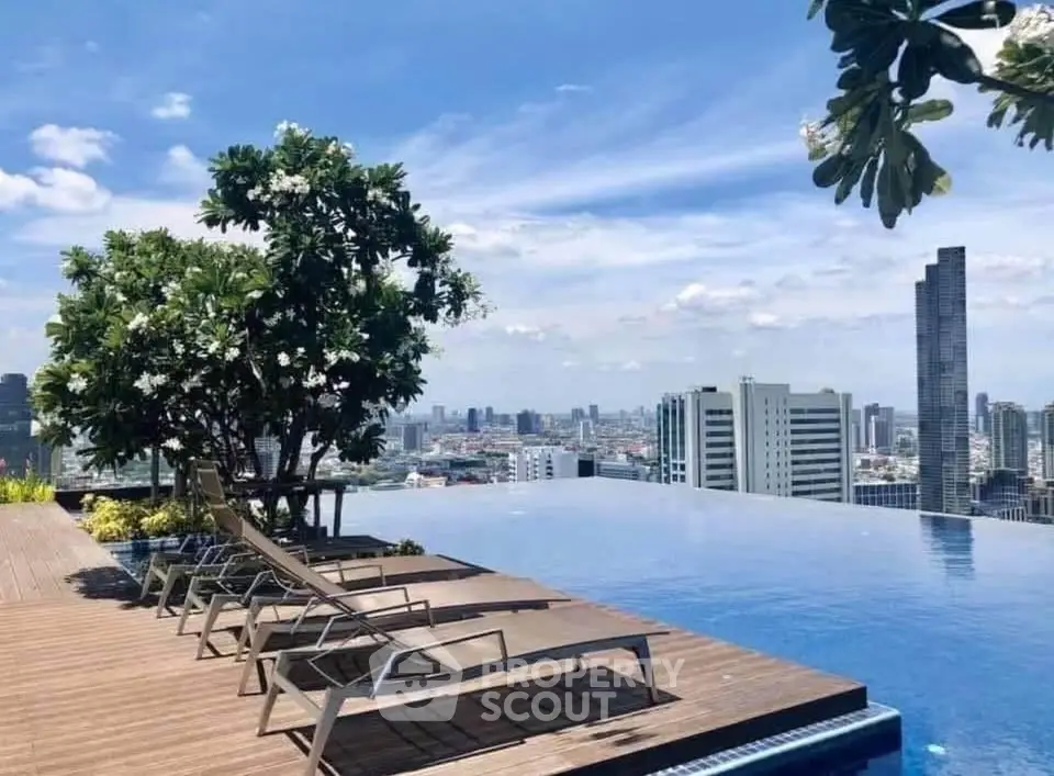 Luxurious rooftop infinity pool with stunning city skyline view and sun loungers.