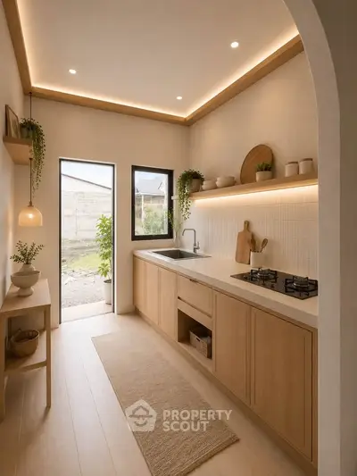 Modern kitchen with sleek wooden cabinetry and gas stove, featuring elegant lighting and outdoor view.