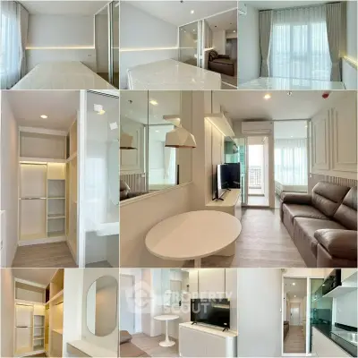 Modern apartment interior with sleek design, featuring a cozy living room, stylish bedroom, and functional kitchen.