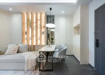 Modern living room with elegant decor and cozy seating area