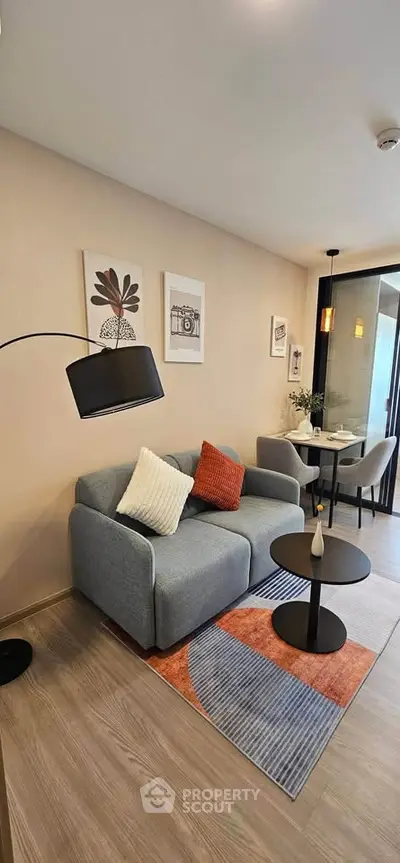 Modern living room with stylish decor and cozy seating area