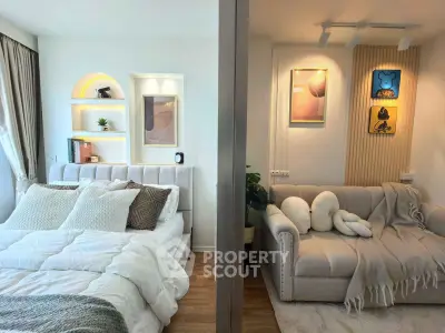 Modern bedroom and cozy living room with stylish decor and natural light