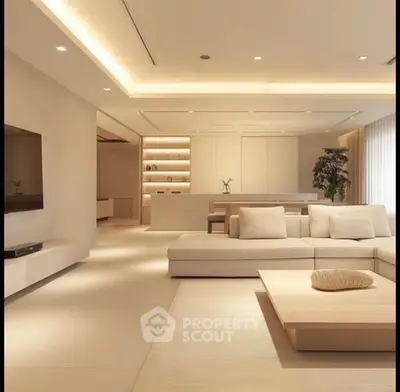 Luxurious modern living room with sleek design and ambient lighting