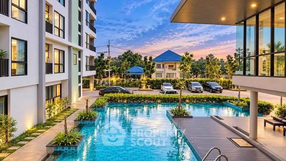 Luxurious apartment complex with stunning pool and modern architecture at sunset.