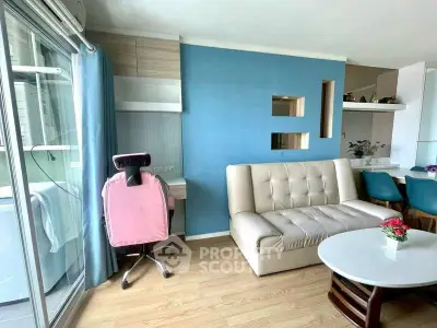 Modern living room with blue accent wall and stylish furniture