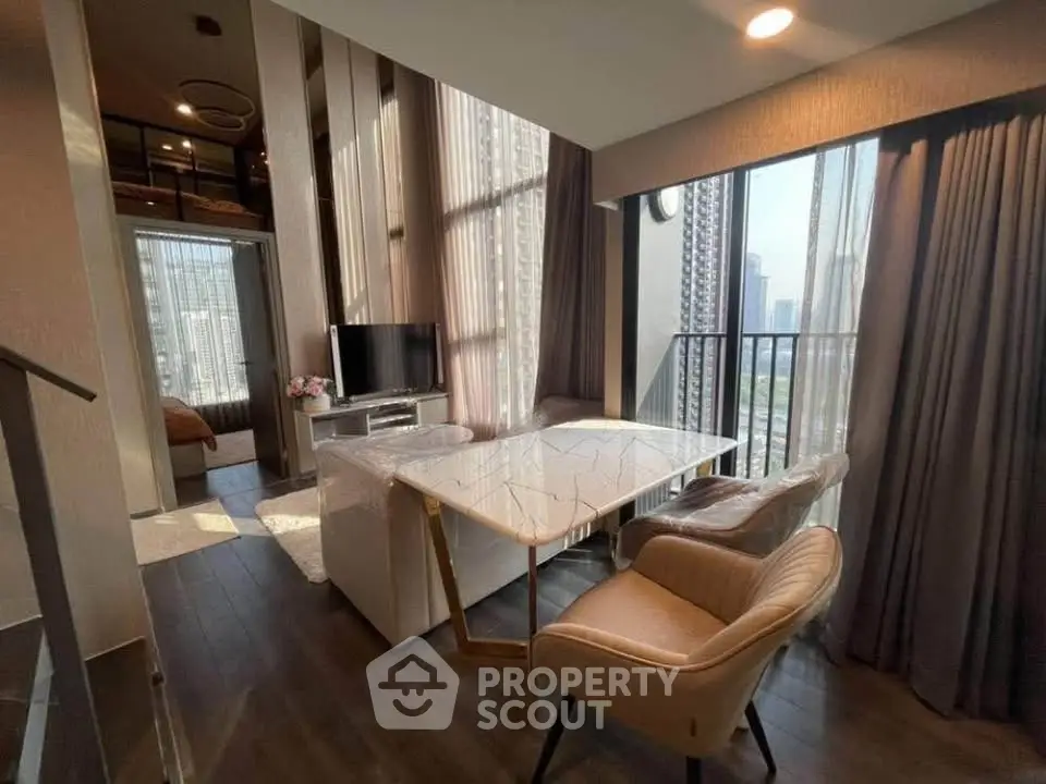 Luxurious modern living room with floor-to-ceiling windows and stunning city view