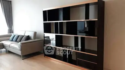 Modern living room with sleek black shelving and elegant sofa, perfect for stylish urban living.