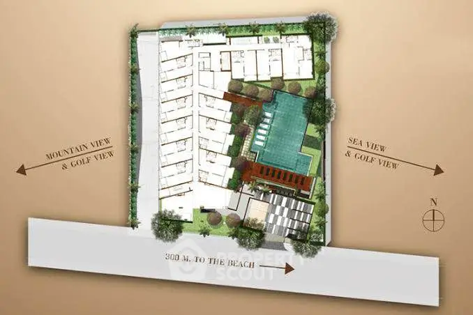 Luxurious beachfront property schematic with mountain and sea views, 300m to beach.