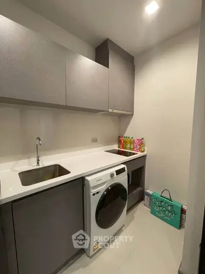 Modern kitchen with sleek cabinetry and built-in washing machine