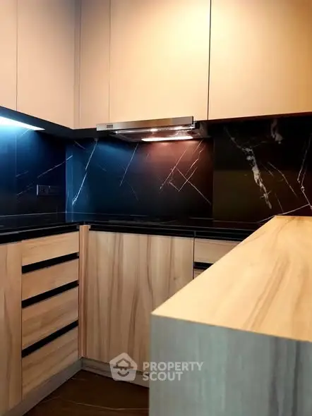Modern kitchen with sleek wooden cabinets and black marble backsplash