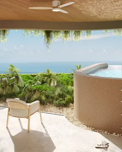 Luxurious balcony with ocean view and private pool, perfect for relaxation.