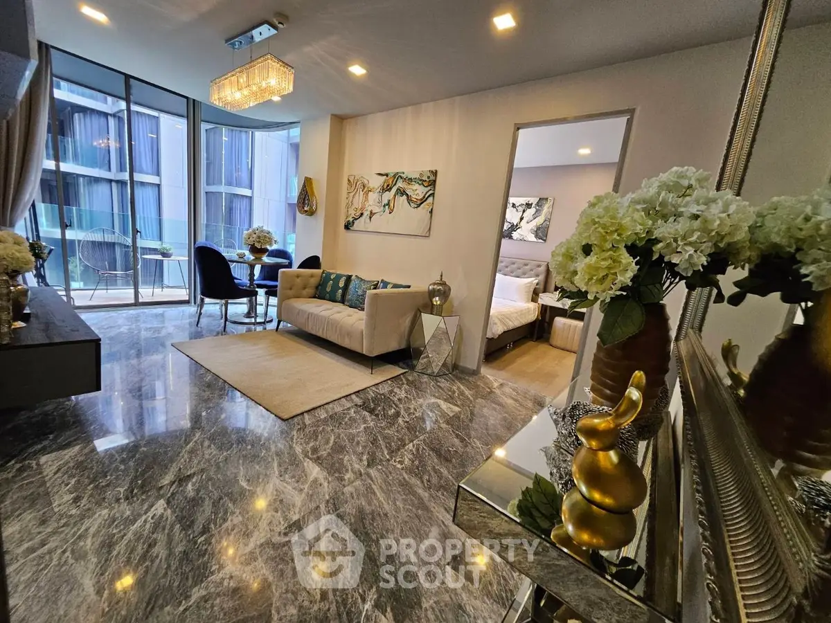 Luxurious modern living room with elegant decor and large windows, perfect for urban living.