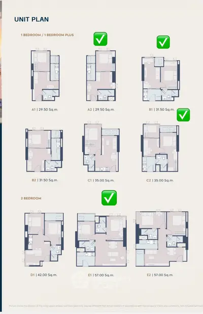 Explore diverse unit plans with 1 and 2 bedroom options, showcasing efficient layouts and modern design.