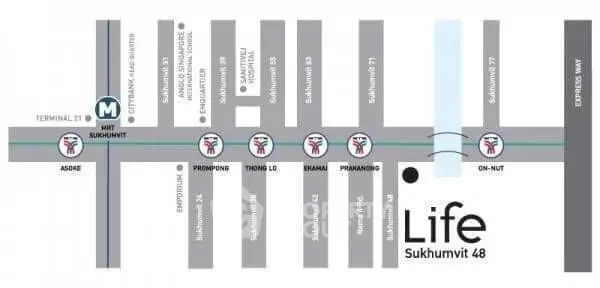 Map showing Life Sukhumvit 48 location near BTS stations and major roads.