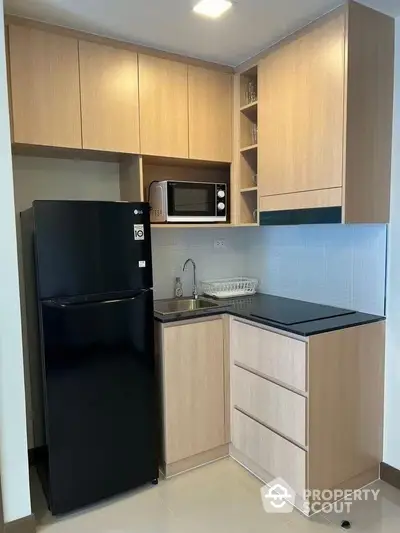 Modern compact kitchen with sleek black fridge and microwave