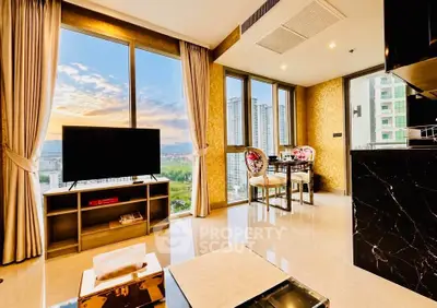 Luxurious living room with stunning city view and elegant decor