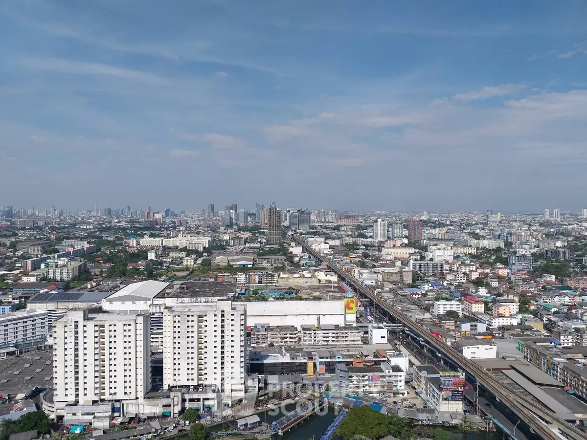 Stunning aerial view of urban skyline with high-rise buildings and expansive cityscape under a clear blue sky.