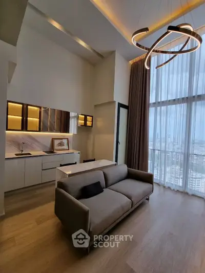 Luxurious modern living room with high ceilings and panoramic city view