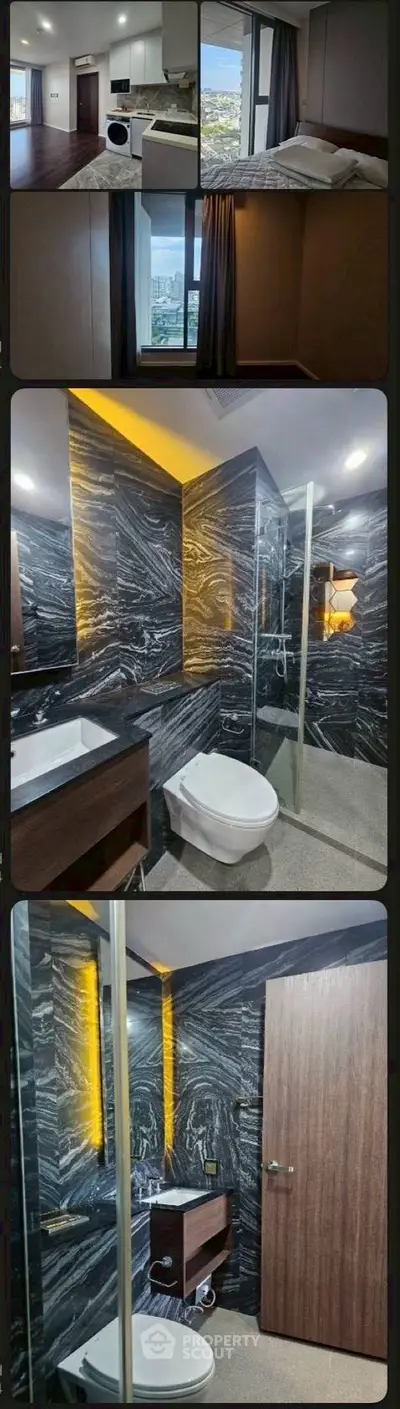 Modern apartment interior with stylish bathroom and city view