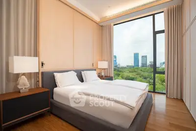 Luxurious bedroom with stunning city view and modern decor