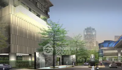 Modern urban building exterior with lush landscaping and water features in a vibrant city setting.