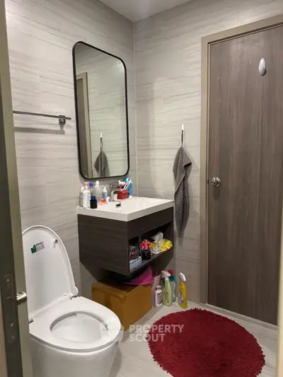 Modern bathroom with sleek vanity and stylish mirror