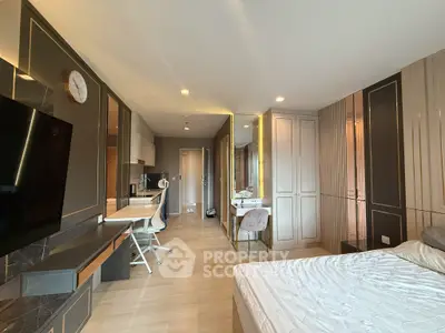 Luxurious modern bedroom with sleek design and workspace, perfect for urban living.