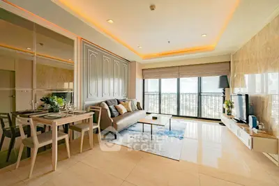 Luxurious living room with modern decor and stunning city view