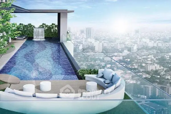 Luxurious rooftop pool with stunning city view and modern seating area.