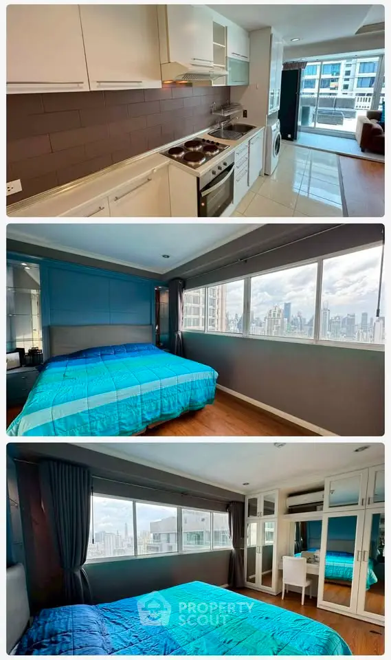 Modern apartment with sleek kitchen, cozy bedroom, and stunning city views.